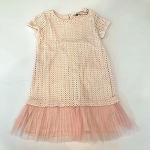 Girls  Zara, short sleeved, drop waisted party dress baby pink, ruffles.